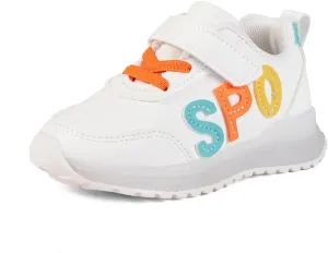 Kids Sport Sneakers with Velcro Strap, White Athletic Shoes with Colorful Letters, Non-Slip Sole