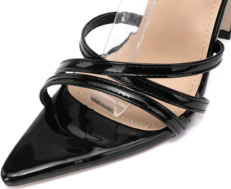 KOKOMOMO Womens Pointed Toe Stiletto Patent Leather High Heel Strappy Sandals