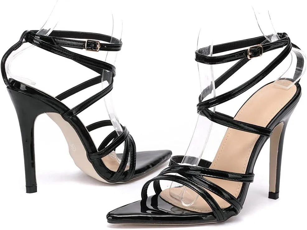 KOKOMOMO Womens Pointed Toe Stiletto Patent Leather High Heel Strappy Sandals