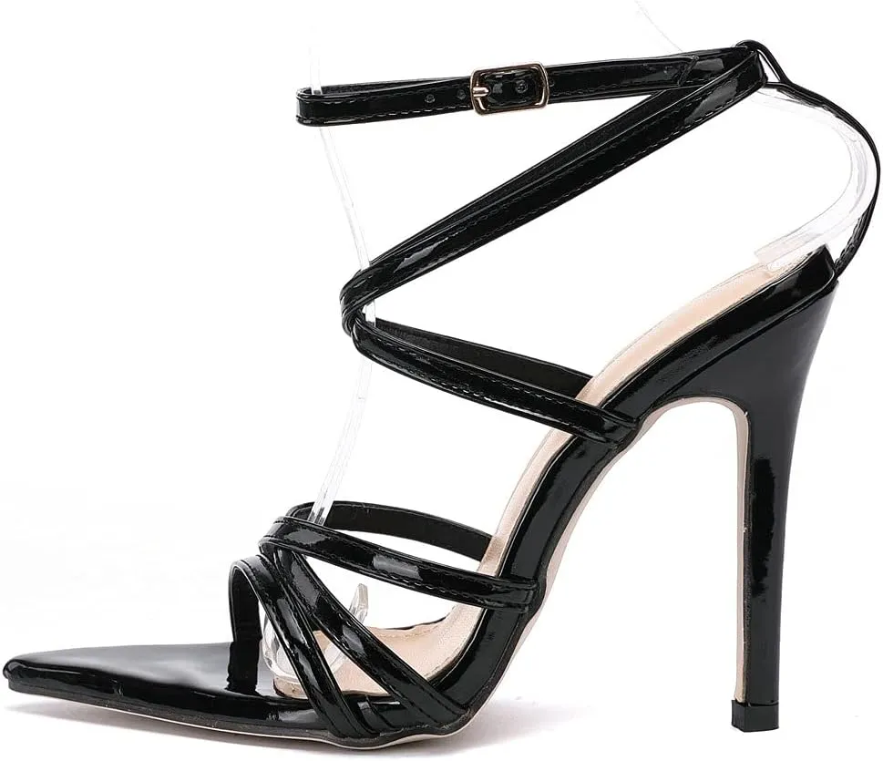 KOKOMOMO Womens Pointed Toe Stiletto Patent Leather High Heel Strappy Sandals