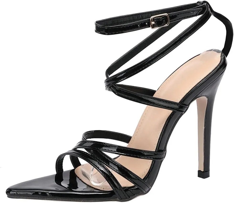 KOKOMOMO Womens Pointed Toe Stiletto Patent Leather High Heel Strappy Sandals