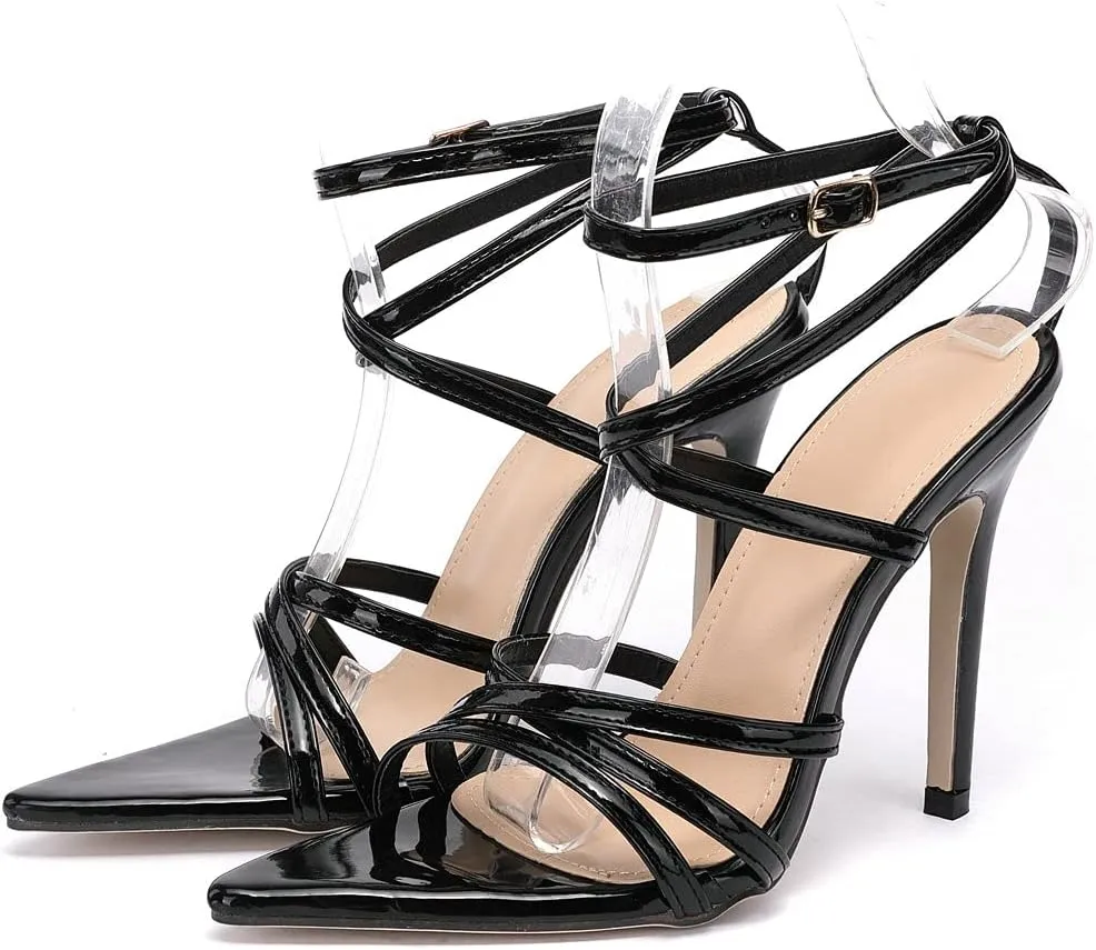 KOKOMOMO Womens Pointed Toe Stiletto Patent Leather High Heel Strappy Sandals