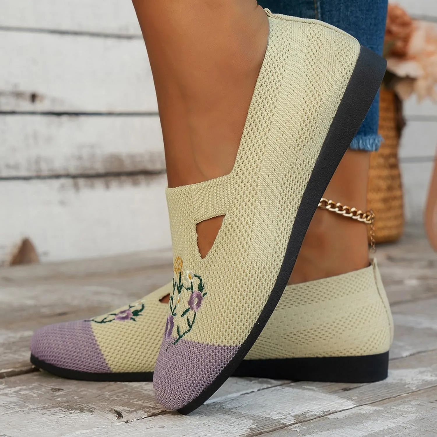 Ladies Fashion Breathable Mesh Knitted Flower Embroidery Flat Bottom Casual Womens Fashion Casual Shoes Wedge Sneaker