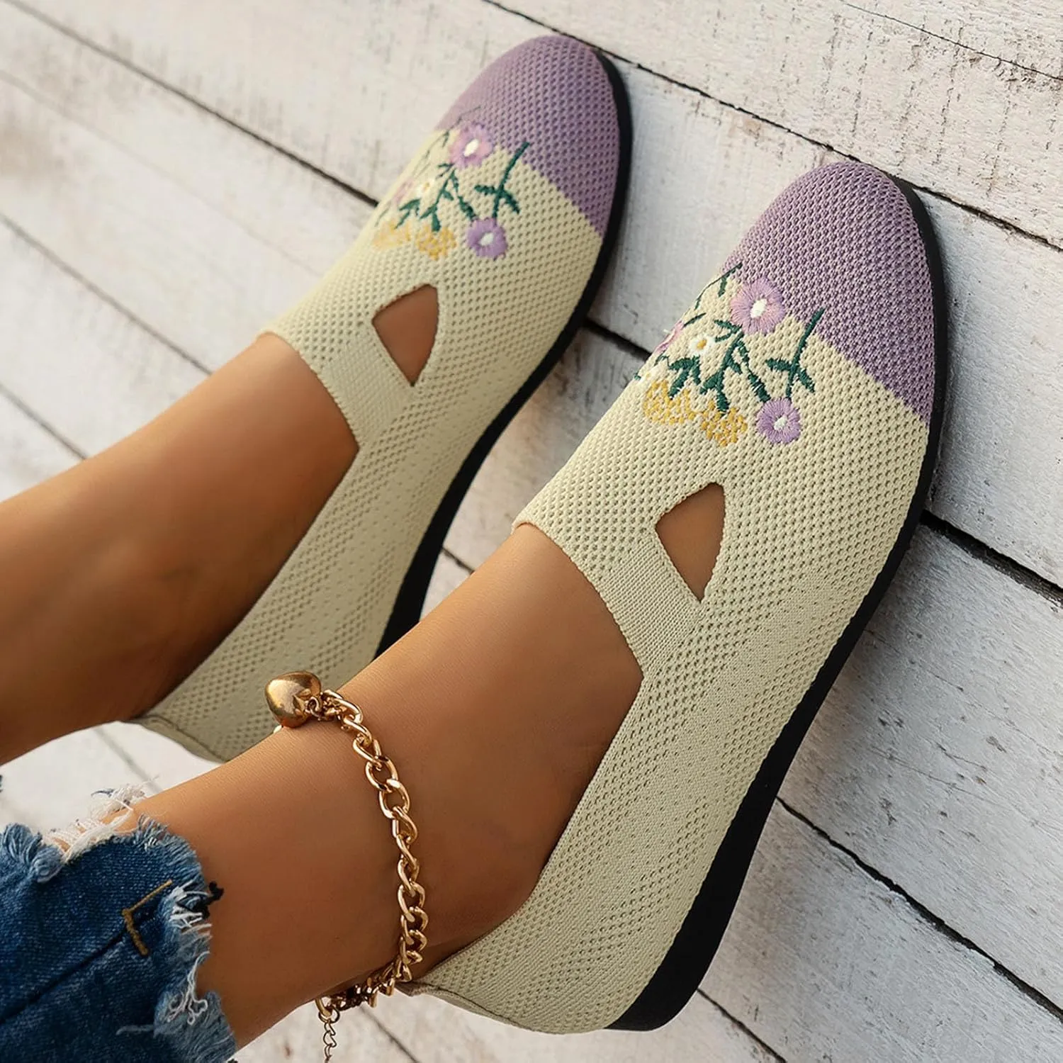 Ladies Fashion Breathable Mesh Knitted Flower Embroidery Flat Bottom Casual Womens Fashion Casual Shoes Wedge Sneaker