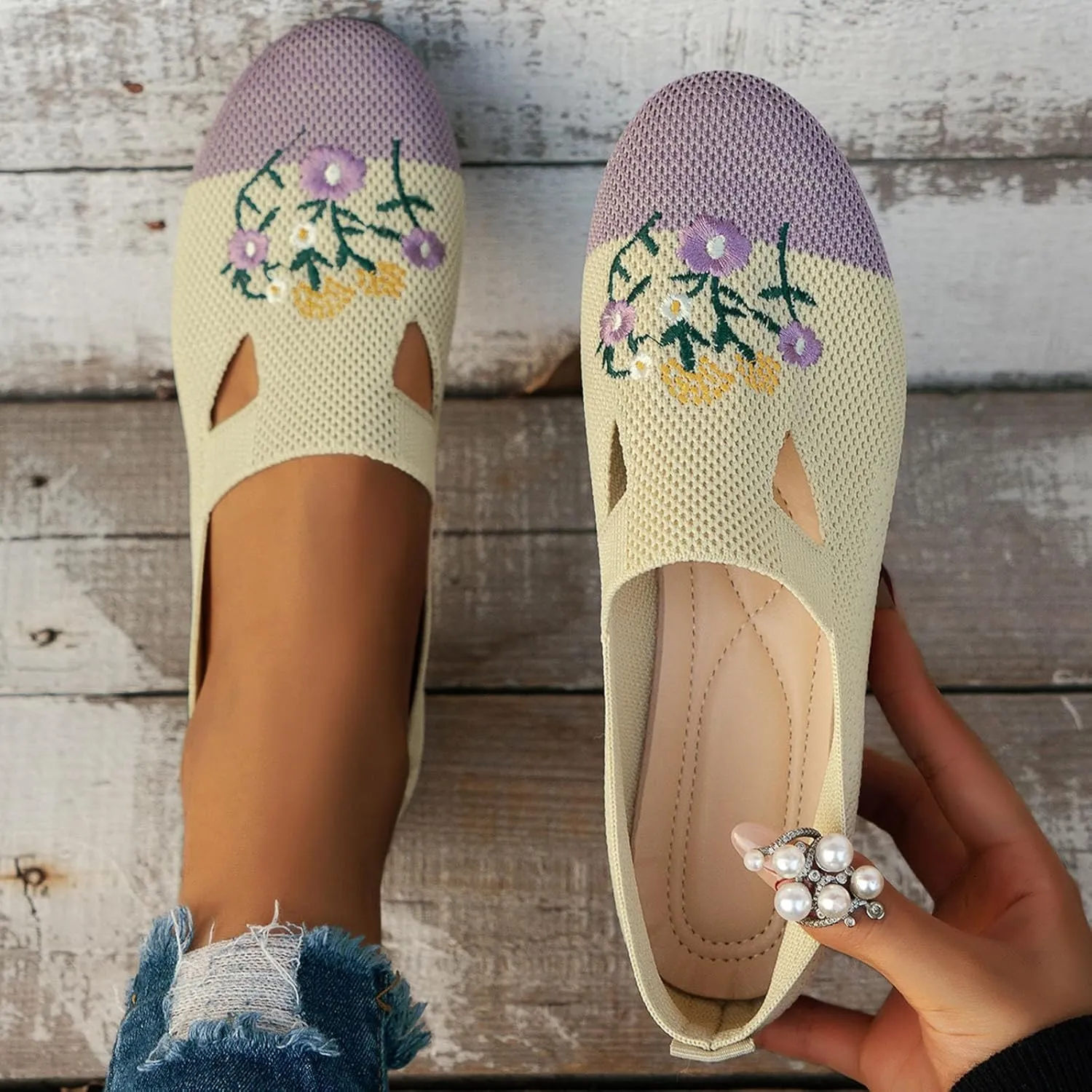 Ladies Fashion Breathable Mesh Knitted Flower Embroidery Flat Bottom Casual Womens Fashion Casual Shoes Wedge Sneaker