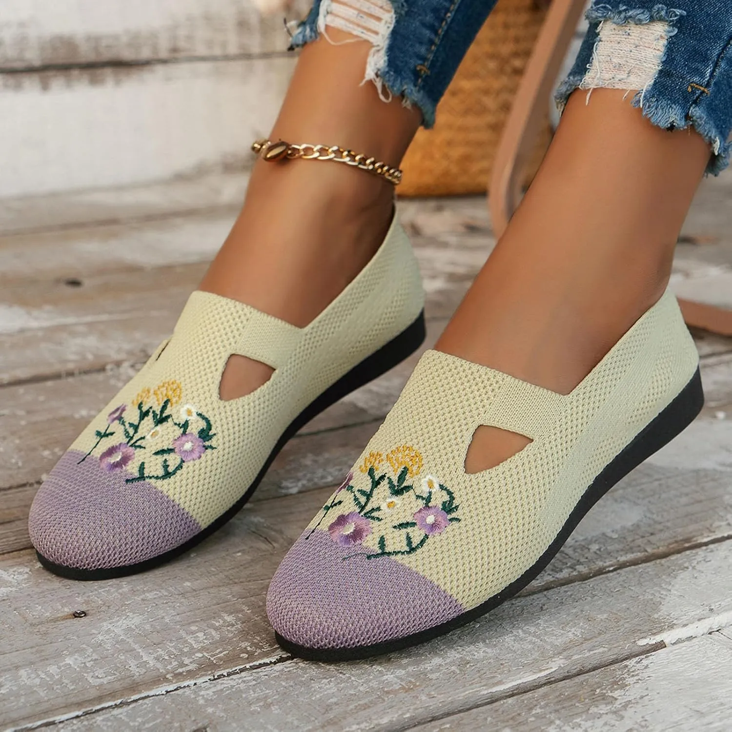 Ladies Fashion Breathable Mesh Knitted Flower Embroidery Flat Bottom Casual Womens Fashion Casual Shoes Wedge Sneaker