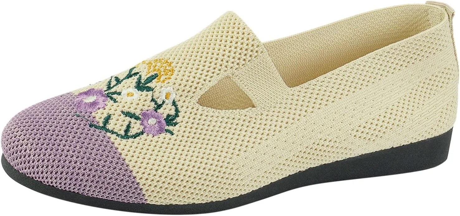 Ladies Fashion Breathable Mesh Knitted Flower Embroidery Flat Bottom Casual Womens Fashion Casual Shoes Wedge Sneaker