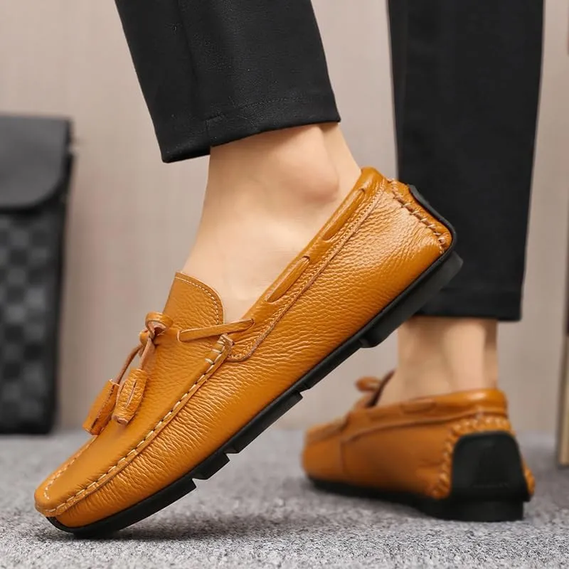 Loafers for Men Round Toe Tassel PU Leather Flat Heel Anti-Slip Lightweight Walking Casual Slip-ons