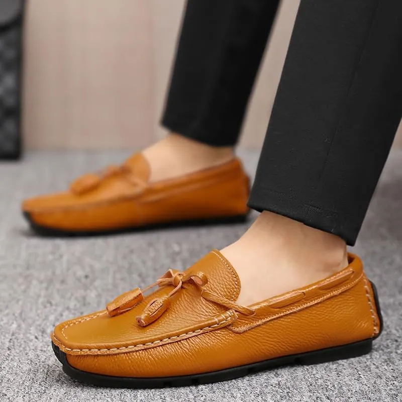 Loafers for Men Round Toe Tassel PU Leather Flat Heel Anti-Slip Lightweight Walking Casual Slip-ons