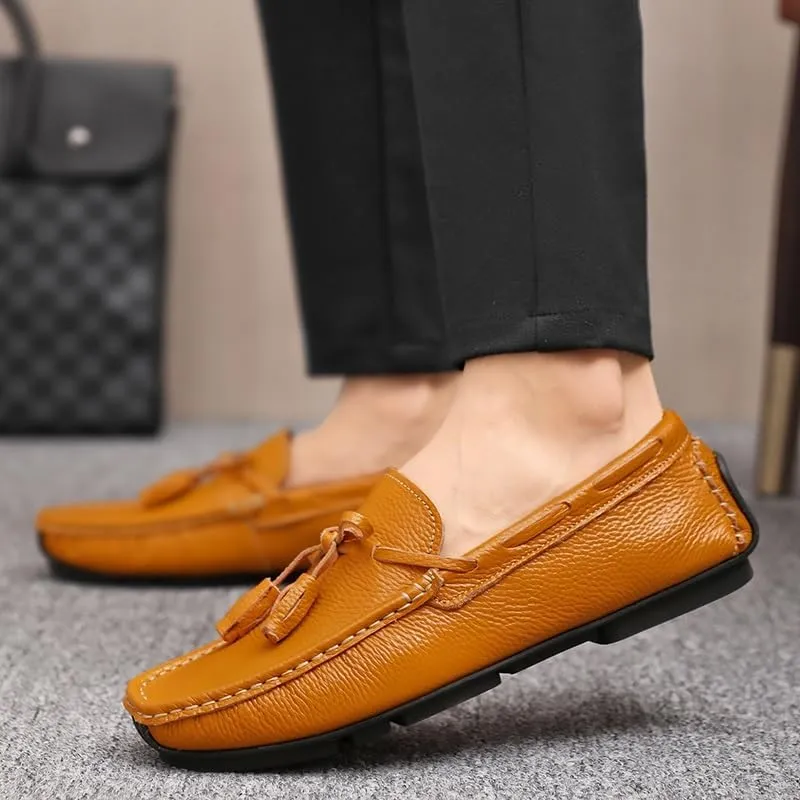 Loafers for Men Round Toe Tassel PU Leather Flat Heel Anti-Slip Lightweight Walking Casual Slip-ons