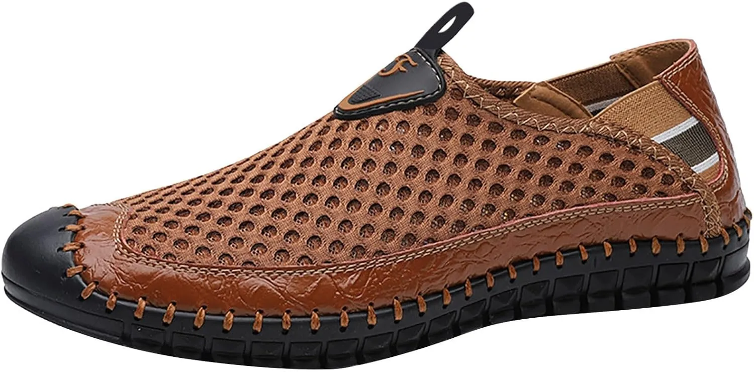 Men's Beach Shoes Fashion Elegant Hollow Out ls Classic Straps Breathable Mesh Cool Leisure Lightweight Flat Soft Non-Slip Comfortable Sailing Shoes 38-48 Brown
