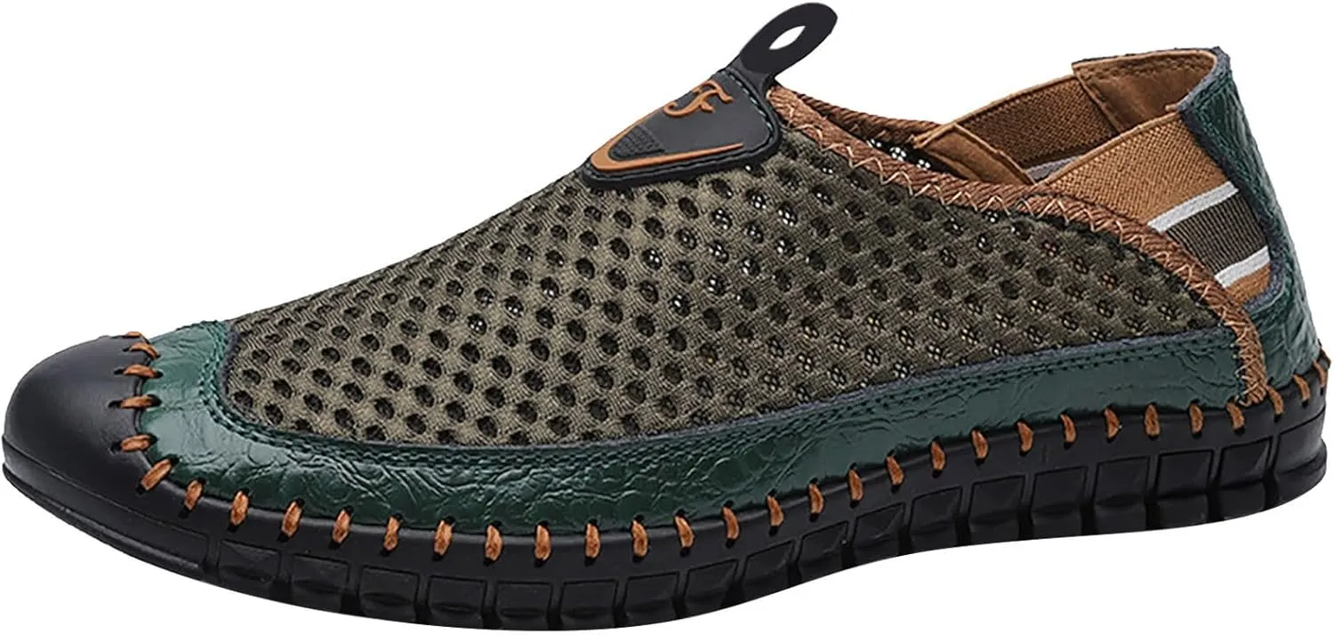 Men's Beach Shoes Fashion Elegant Hollow Out ls Classic Straps Breathable Mesh Cool Leisure Lightweight Flat Soft Non-Slip Comfortable Sailing Shoes 38-48 Green