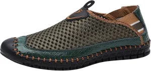 Men's Beach Shoes Fashion Elegant Hollow Out ls Classic Straps Breathable Mesh Cool Leisure Lightweight Flat Soft Non-Slip Comfortable Sailing Shoes 38-48 Green