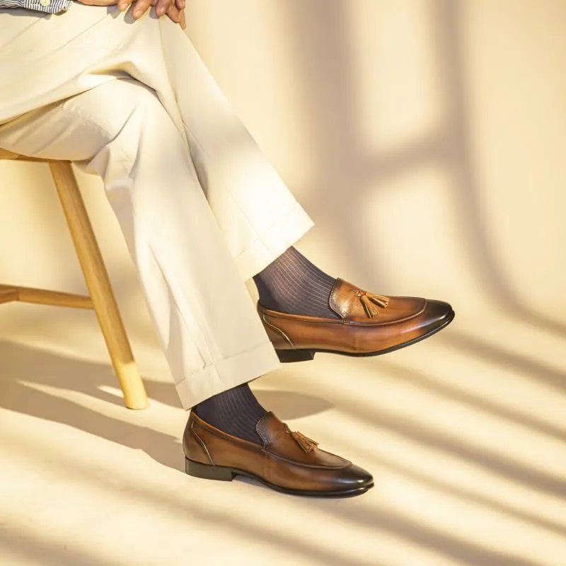 Mens Loafers Shoe Pointed Burnished Toe Tassel Genuine Leather Slip Resistant Comfortable Anti-Slip Casual Fashion Slip-ons