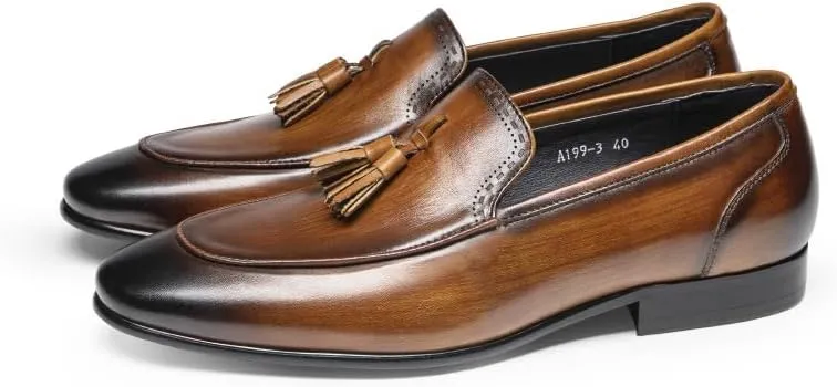 Mens Loafers Shoe Pointed Burnished Toe Tassel Genuine Leather Slip Resistant Comfortable Anti-Slip Casual Fashion Slip-ons