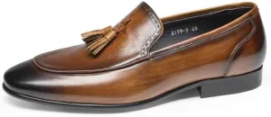 Mens Loafers Shoe Pointed Burnished Toe Tassel Genuine Leather Slip Resistant Comfortable Anti-Slip Casual Fashion Slip-ons