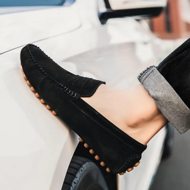Mens Loafers Shoe Round Toe Suede Vamp Penny Driving Loafers Moc Shoes Anti-Slip Comfortable Flat Heel Party Casual Slip-ons