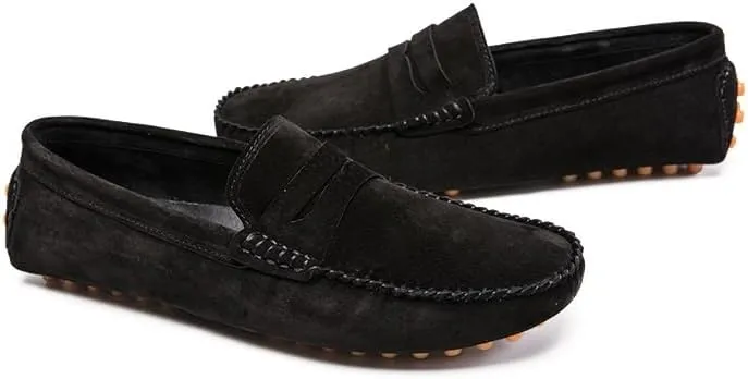 Mens Loafers Shoe Round Toe Suede Vamp Penny Driving Loafers Moc Shoes Anti-Slip Comfortable Flat Heel Party Casual Slip-ons