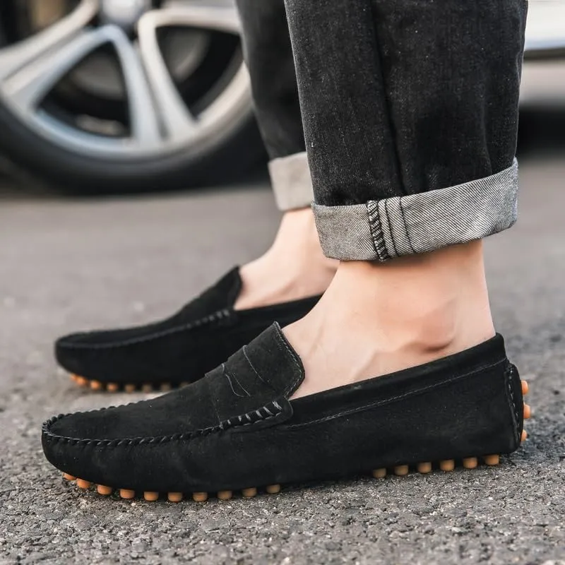 Mens Loafers Shoe Round Toe Suede Vamp Penny Driving Loafers Moc Shoes Anti-Slip Comfortable Flat Heel Party Casual Slip-ons