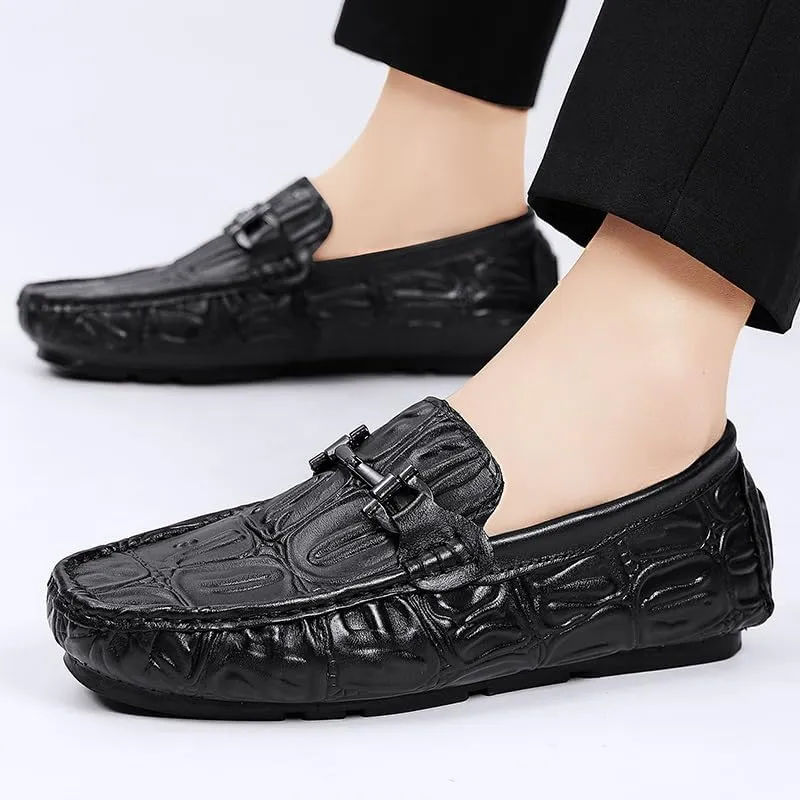 Men's Loafers Solid Color Leather Crocodile Print Driving Style Loafer Lightweight Slip Resistant Comfortable Wedding Slip-ons