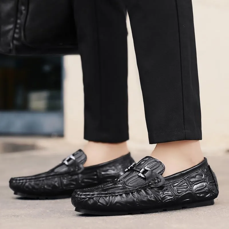 Men's Loafers Solid Color Leather Crocodile Print Driving Style Loafer Lightweight Slip Resistant Comfortable Wedding Slip-ons