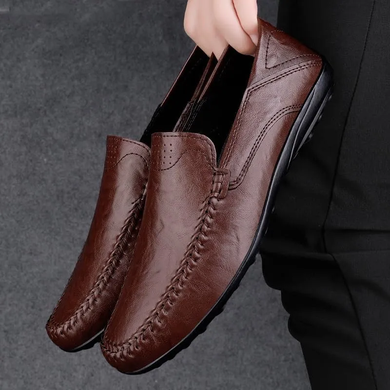 Mens Loafers Solid Color Leather Light Weight Loafer Shoes Comfortable Lightweight Slip Resistant Classic Slip-ons