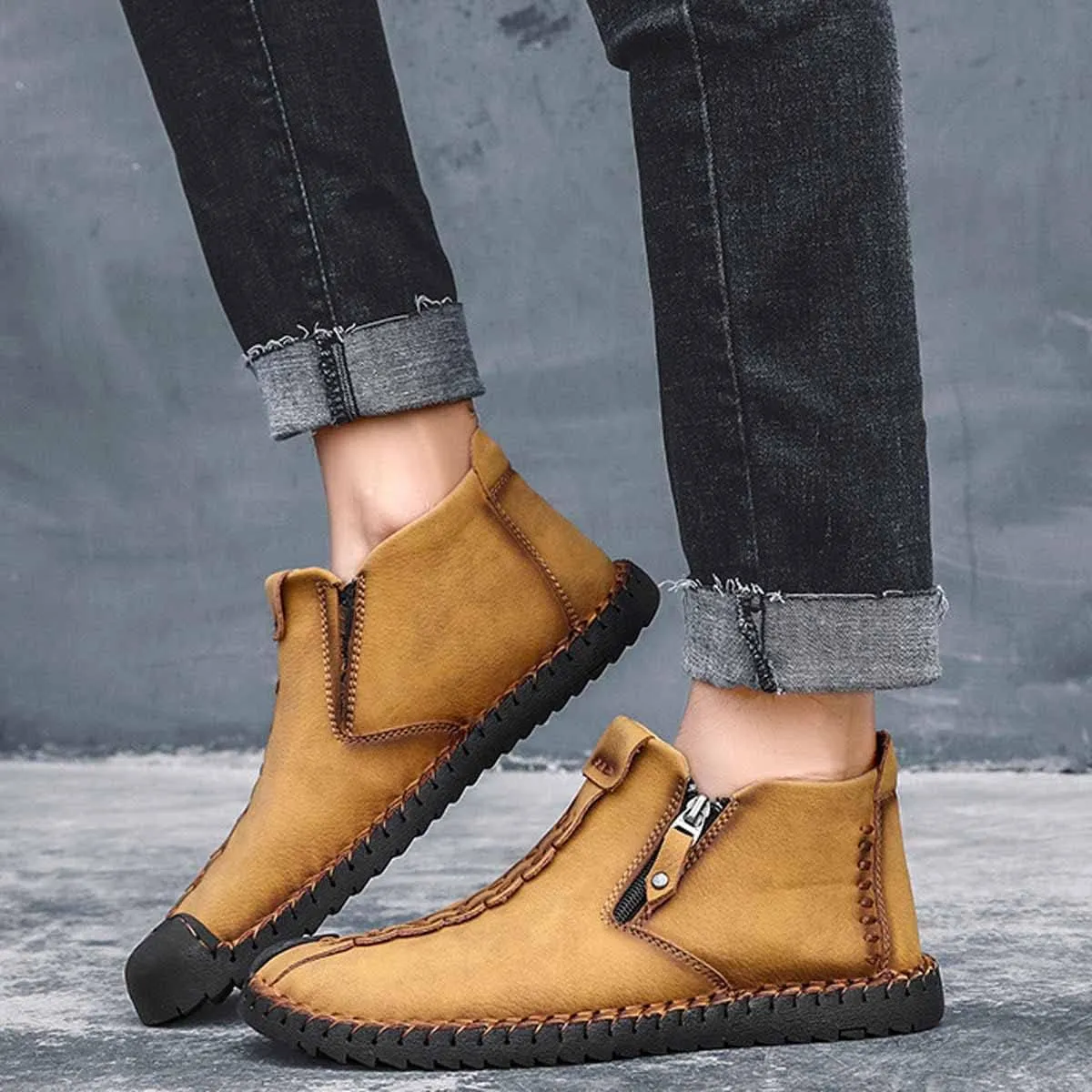 MSYINGL Mens Hand Stitching Ankle Boots,Side Zipper Leather Casual Shoes Loafers,Walking Shoes for Work Office Dress Outdoor
