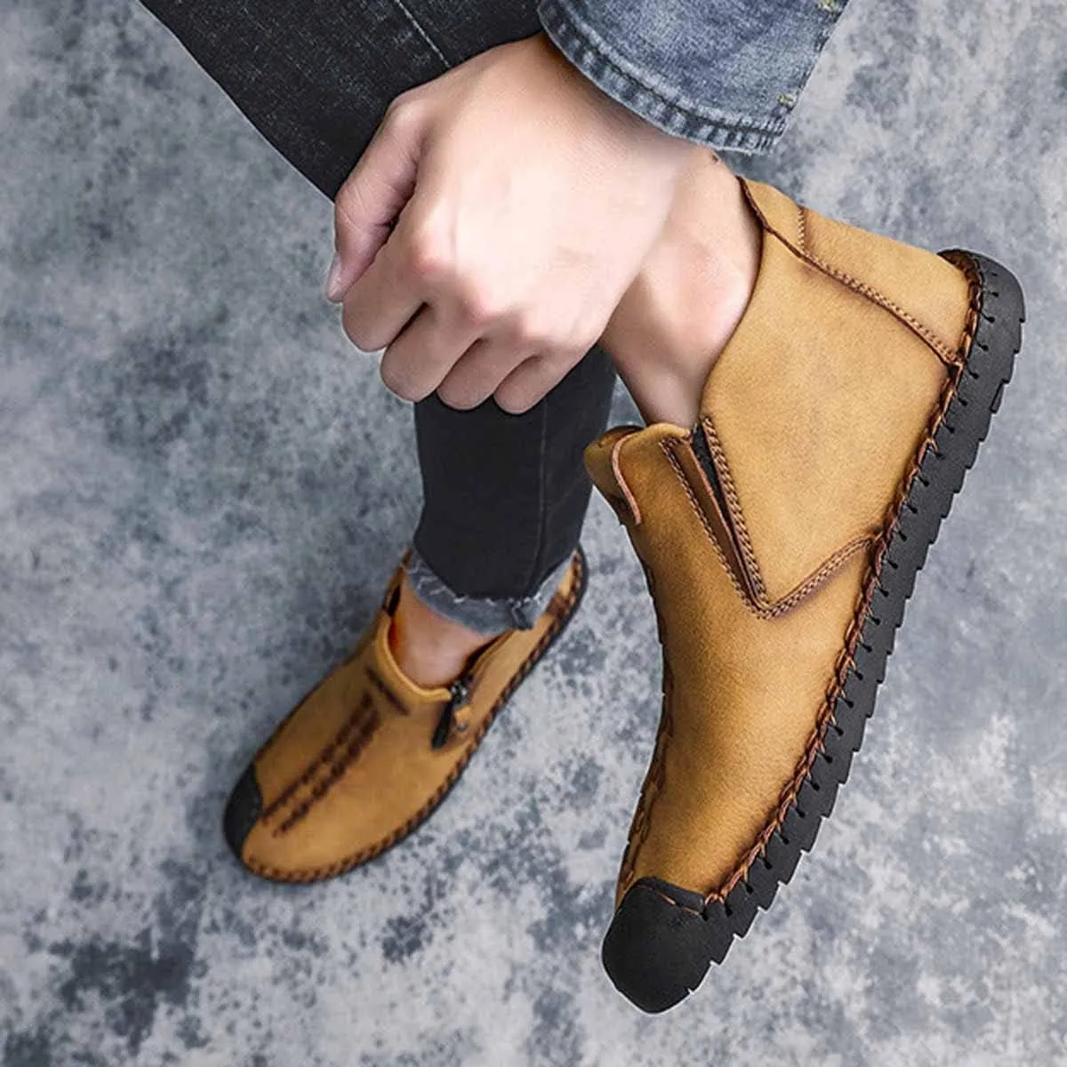 MSYINGL Mens Hand Stitching Ankle Boots,Side Zipper Leather Casual Shoes Loafers,Walking Shoes for Work Office Dress Outdoor