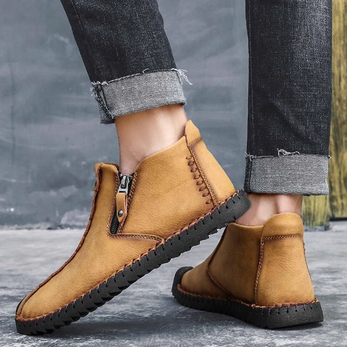 MSYINGL Mens Hand Stitching Ankle Boots,Side Zipper Leather Casual Shoes Loafers,Walking Shoes for Work Office Dress Outdoor