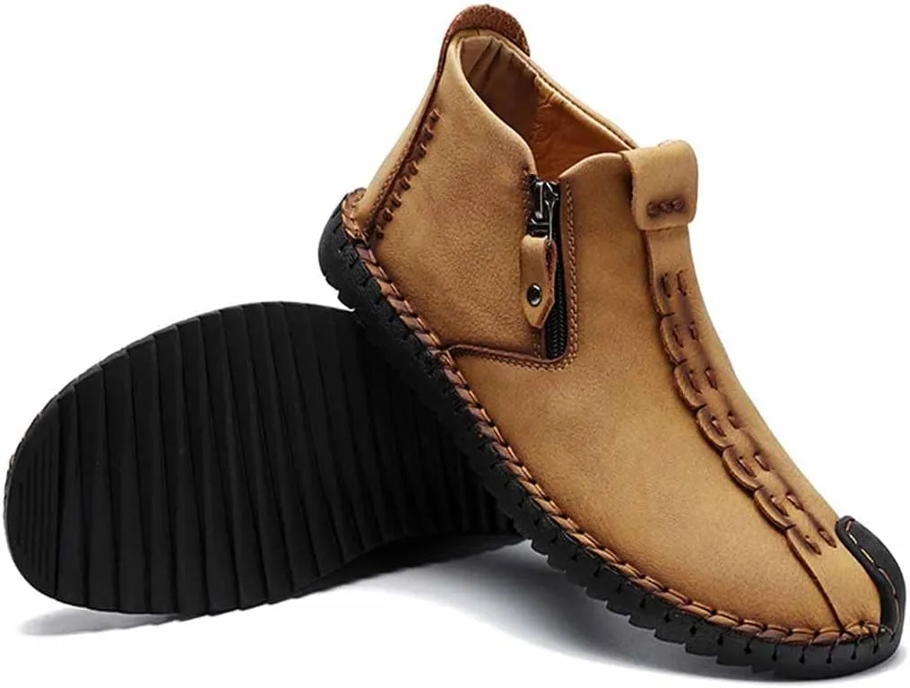 MSYINGL Mens Hand Stitching Ankle Boots,Side Zipper Leather Casual Shoes Loafers,Walking Shoes for Work Office Dress Outdoor