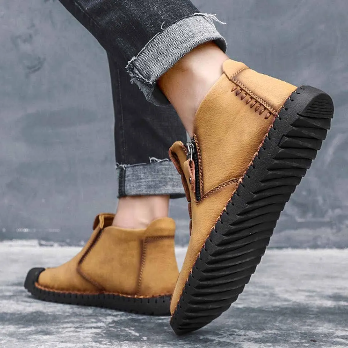 MSYINGL Mens Hand Stitching Ankle Boots,Side Zipper Leather Casual Shoes Loafers,Walking Shoes for Work Office Dress Outdoor