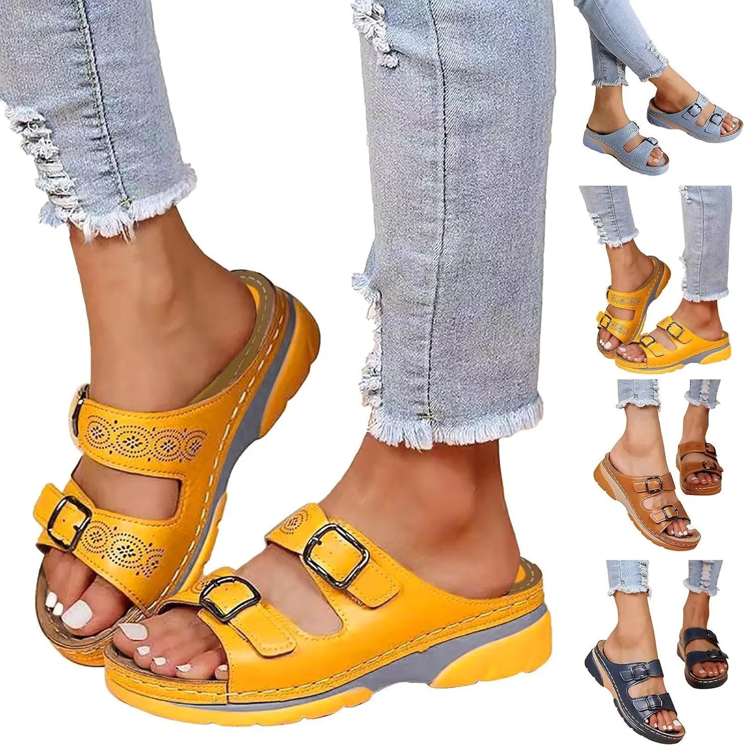 New Women Leather Sandals with Arch Support Summer Breathable Adjustable Slip On Sandals Orthopedic Diabetic Wedge