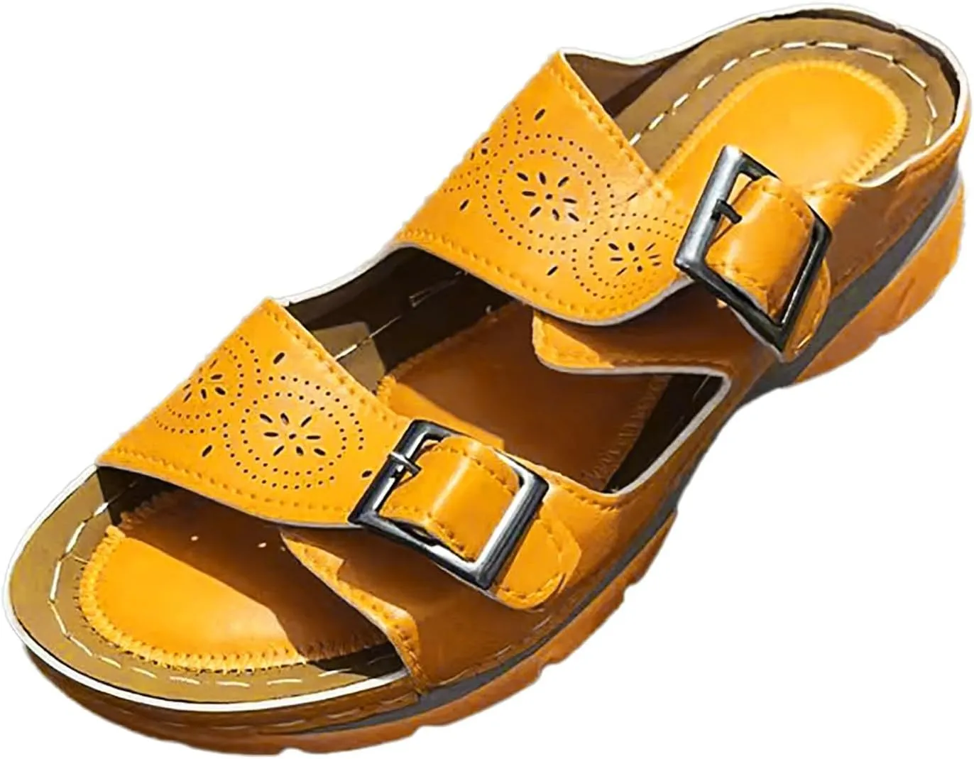 New Women Leather Sandals with Arch Support Summer Breathable Adjustable Slip On Sandals Orthopedic Diabetic Wedge