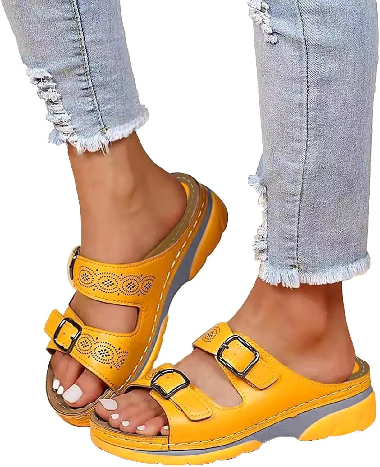 New Women Leather Sandals with Arch Support Summer Breathable Adjustable Slip On Sandals Orthopedic Diabetic Wedge