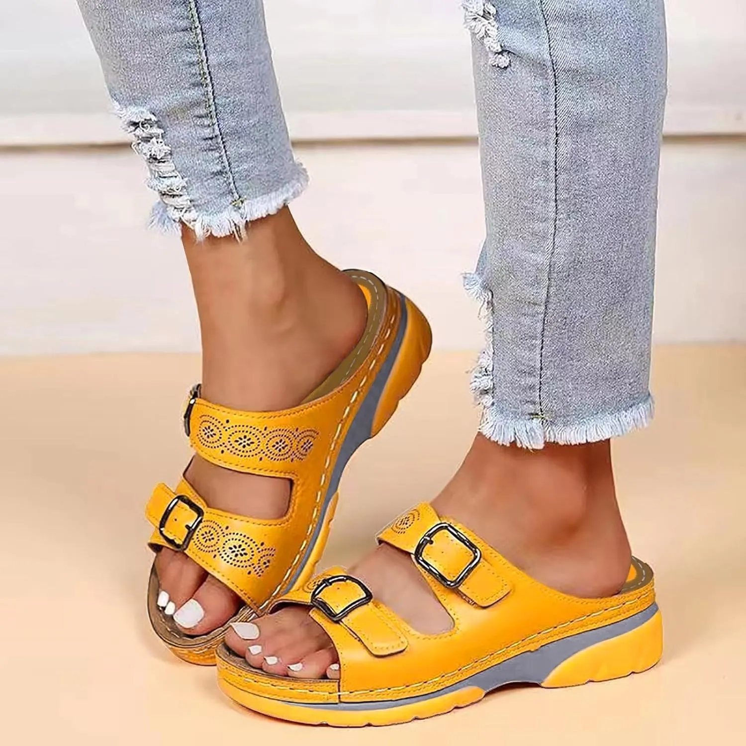 New Women Leather Sandals with Arch Support Summer Breathable Adjustable Slip On Sandals Orthopedic Diabetic Wedge