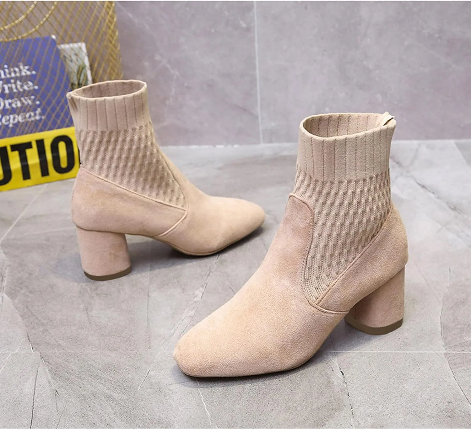 oiangi Knitted Ankle Boots for Women - Fashion Chunky Heel Round Toe Suede Slip-on Sock Mid Heel Short Booties Skinny Comfortable Casual Ladies Shoes
