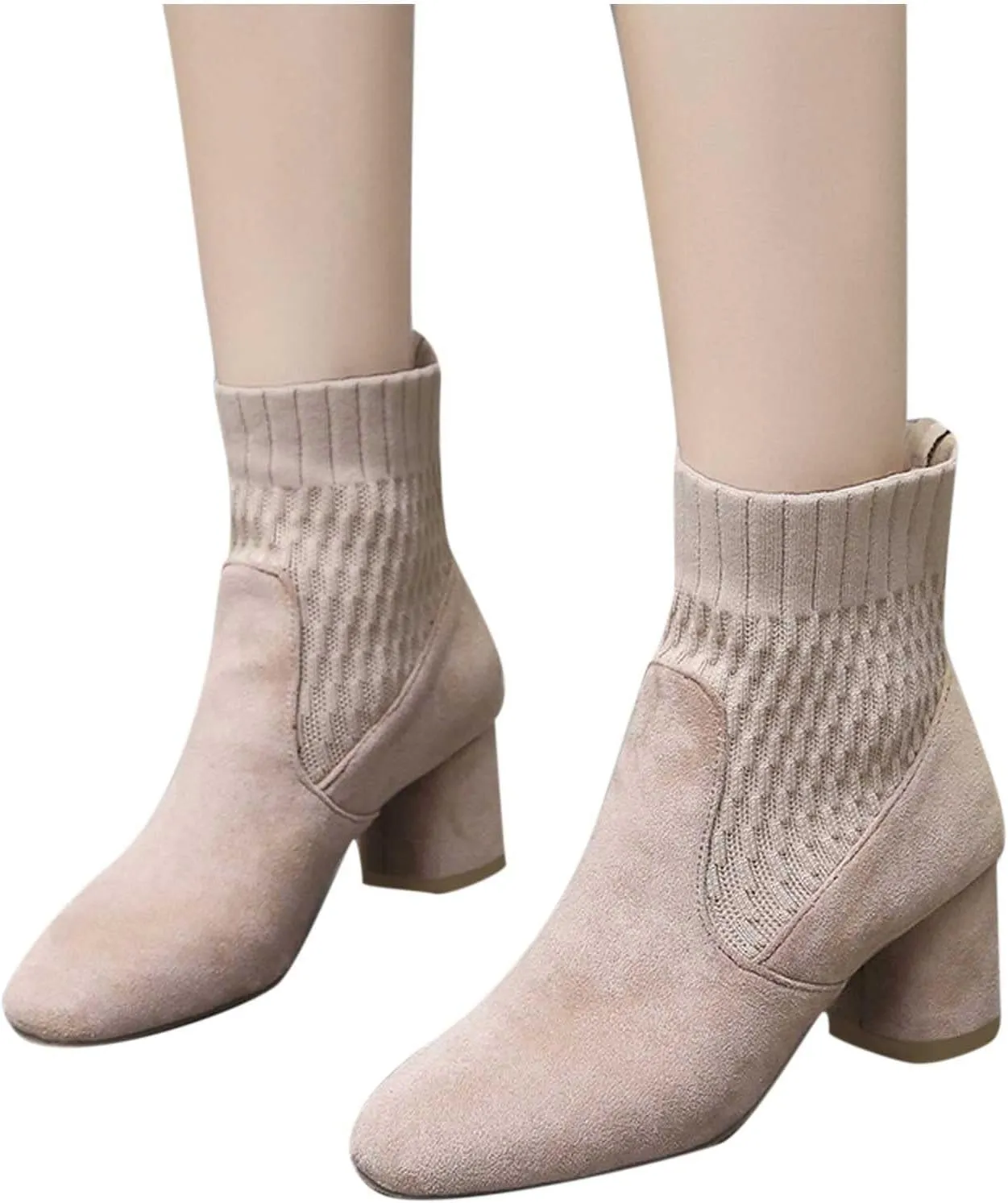 oiangi Knitted Ankle Boots for Women - Fashion Chunky Heel Round Toe Suede Slip-on Sock Mid Heel Short Booties Skinny Comfortable Casual Ladies Shoes