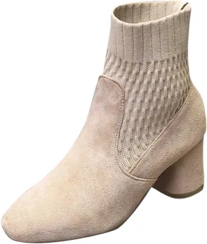 oiangi Knitted Ankle Boots for Women - Fashion Chunky Heel Round Toe Suede Slip-on Sock Mid Heel Short Booties Skinny Comfortable Casual Ladies Shoes