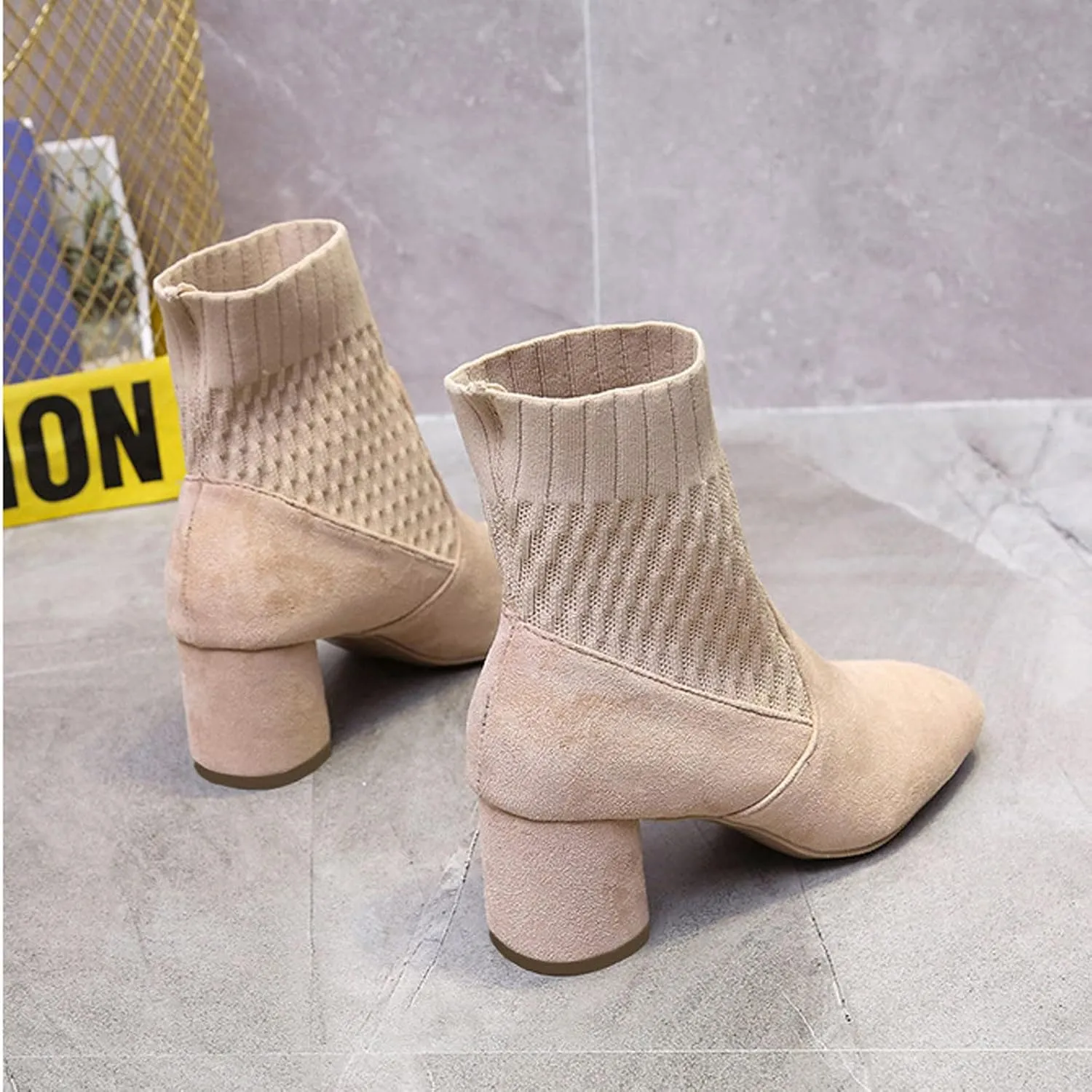 oiangi Knitted Ankle Boots for Women - Fashion Chunky Heel Round Toe Suede Slip-on Sock Mid Heel Short Booties Skinny Comfortable Casual Ladies Shoes
