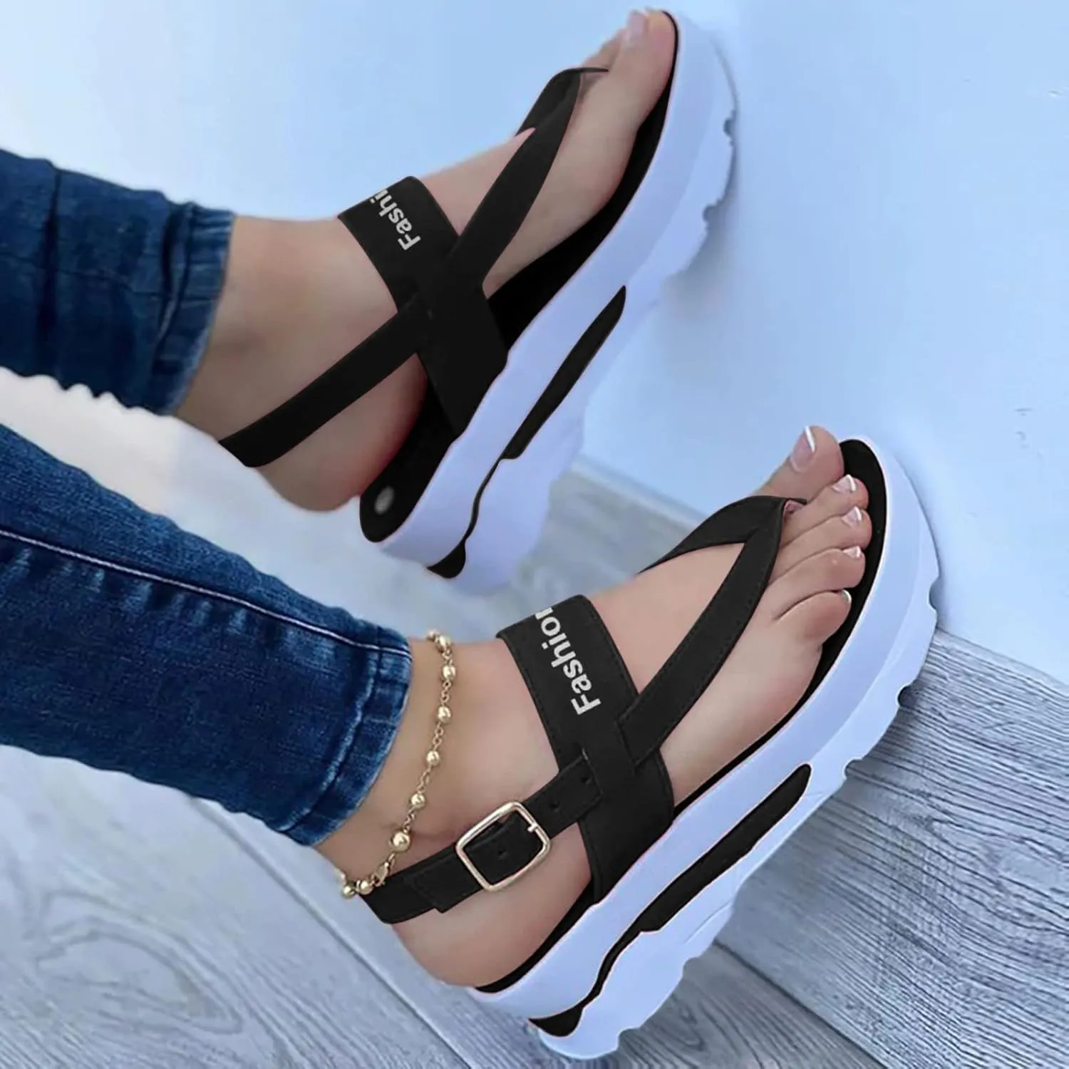 oiangi Platform Sandals for Women Fashion Thong Straps Buckle Clip Toe Flip Flops Summer Casual Comfortable Non-Slip Ladies Outdoor Beach Shoes Slipper
