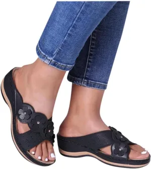 Orthopedic Sandals For Women Women's Comfort Leather Slides Lightweight Wedge Sandals Slip On Casual Walking Slippers with Arch Support Cushion Platform Sandals Dressy Summer