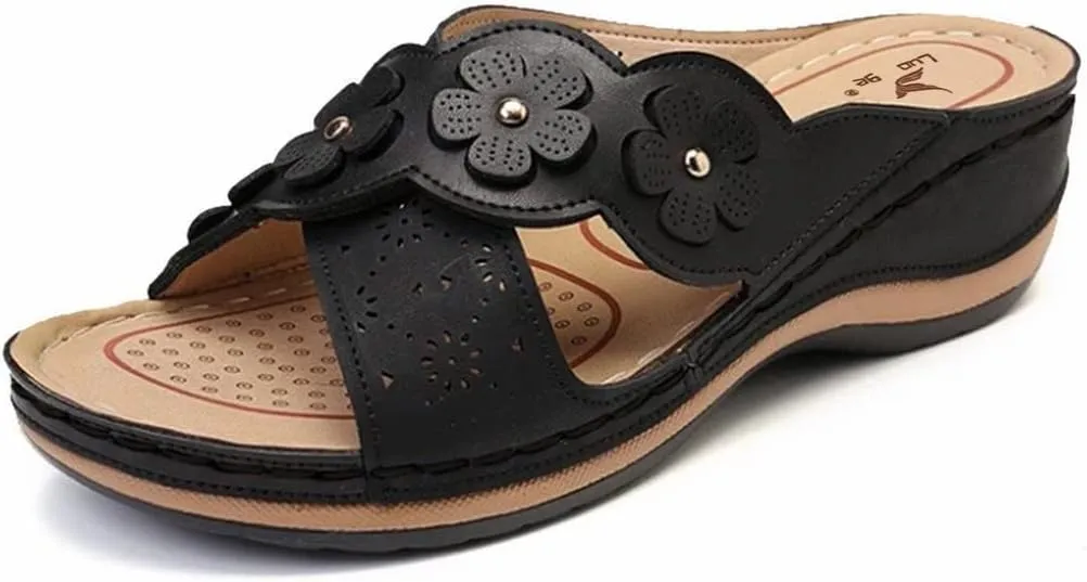 Orthopedic Sandals For Women Women's Comfort Leather Slides Lightweight Wedge Sandals Slip On Casual Walking Slippers with Arch Support Cushion Platform Sandals Dressy Summer