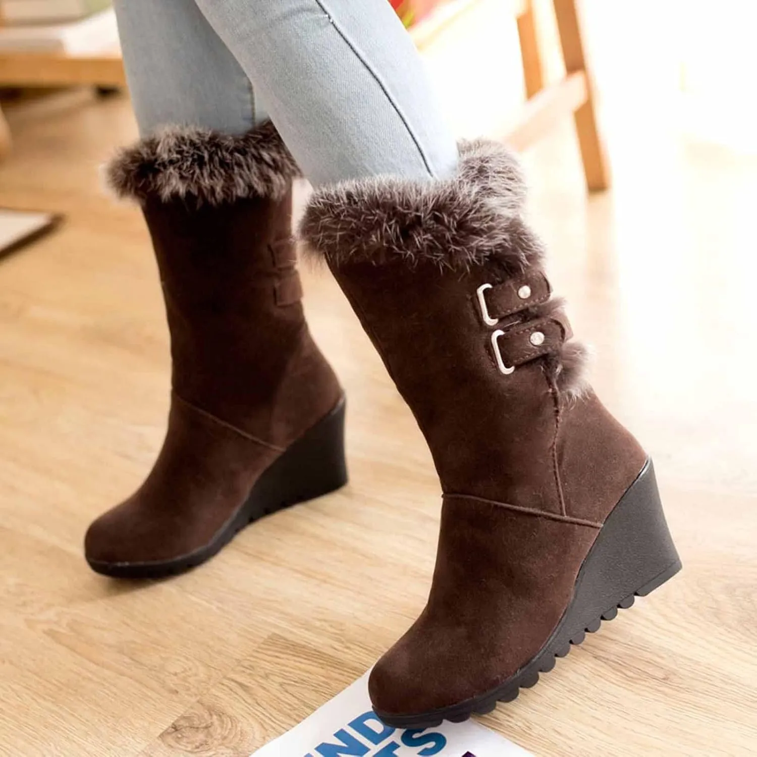 peqiut Womens Cowboy Boots Suede Wedge Heel Wide Calf Cowboy Boots Women Warm Comfortable Snow Womens Boots