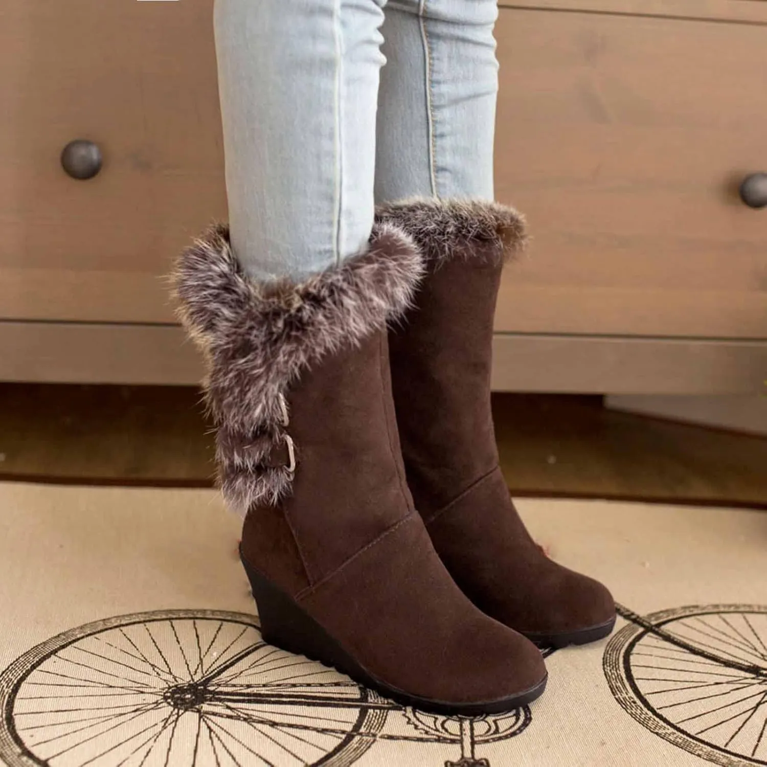 peqiut Womens Cowboy Boots Suede Wedge Heel Wide Calf Cowboy Boots Women Warm Comfortable Snow Womens Boots