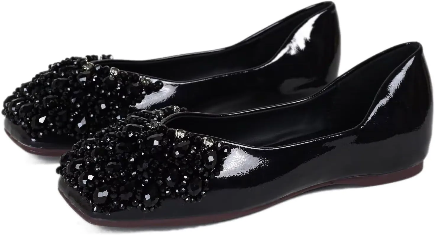 SAILING LU Womens Rhinestones Square Toe Ballet Flats Dressy Comfortable Flat Shoes Wedding Elegant Slip-Ons for Women