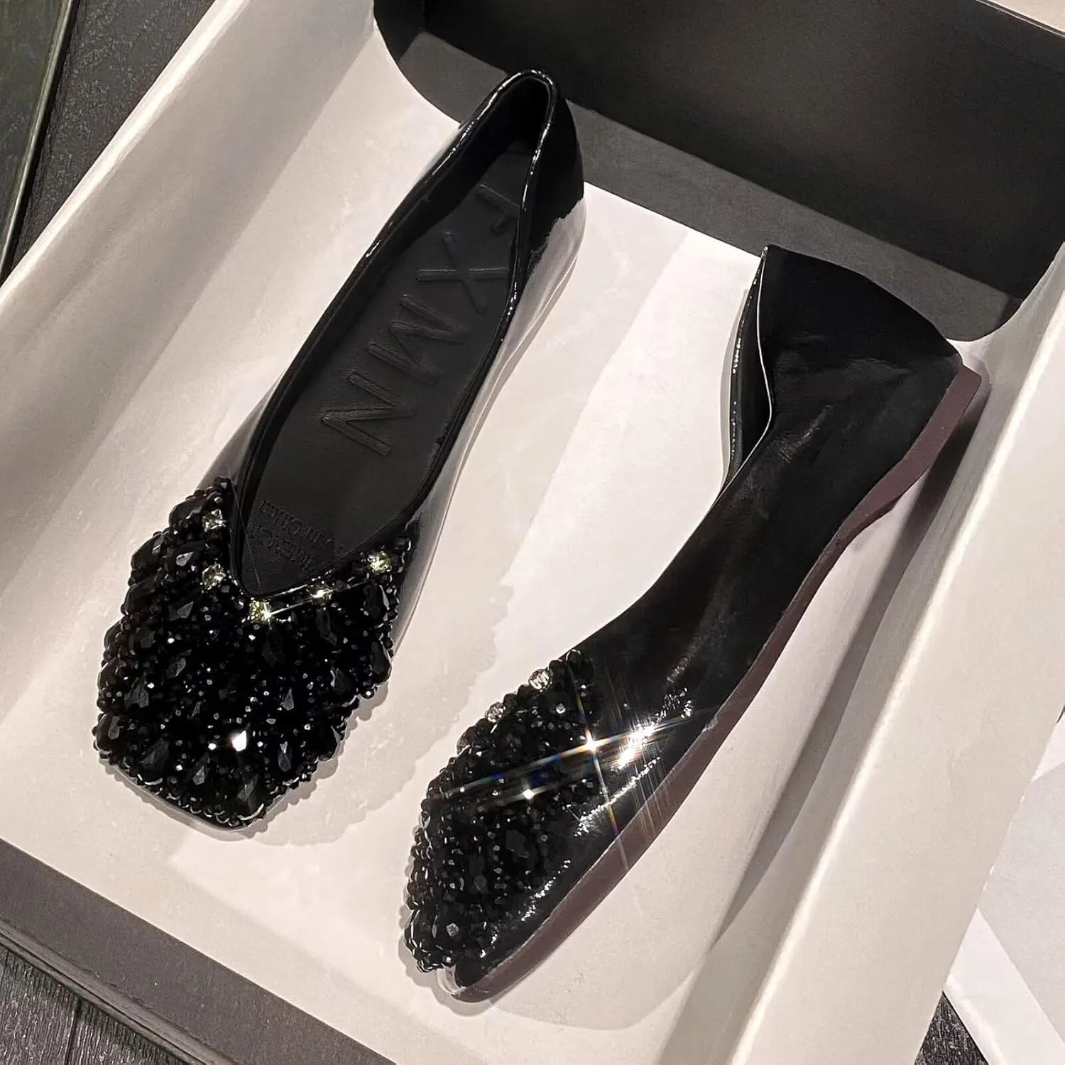 SAILING LU Womens Rhinestones Square Toe Ballet Flats Dressy Comfortable Flat Shoes Wedding Elegant Slip-Ons for Women