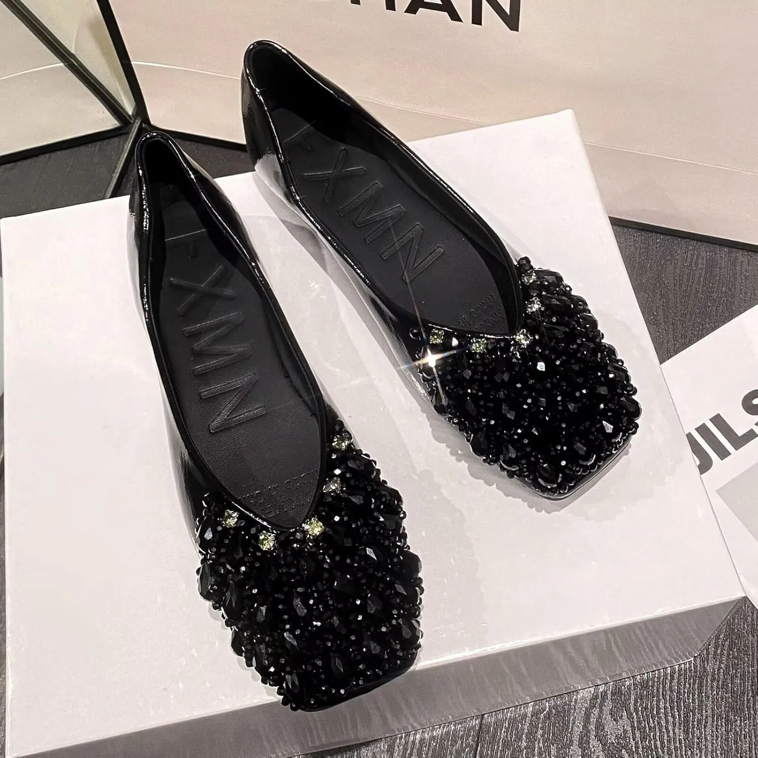 SAILING LU Womens Rhinestones Square Toe Ballet Flats Dressy Comfortable Flat Shoes Wedding Elegant Slip-Ons for Women