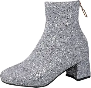 Sinzelimin Ankle Boots for Women's Trendy Flash Party Shoes Chunky Heel Round Toe Back Zipper Wide Mid Calf Cowboy Booties