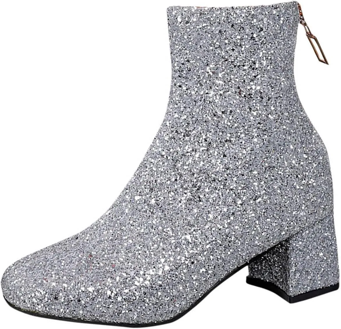 Sinzelimin Ankle Boots for Women's Trendy Flash Party Shoes Chunky Heel Round Toe Back Zipper Wide Mid Calf Cowboy Booties