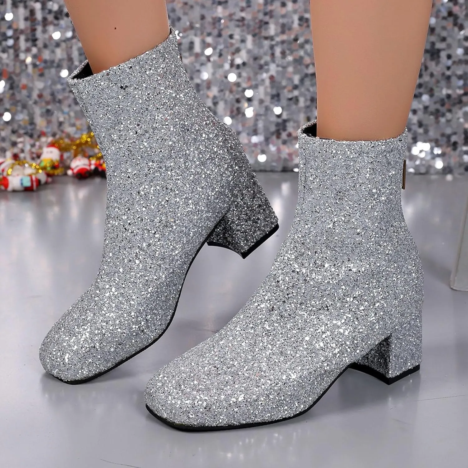 Sinzelimin Ankle Boots for Women's Trendy Flash Party Shoes Chunky Heel Round Toe Back Zipper Wide Mid Calf Cowboy Booties